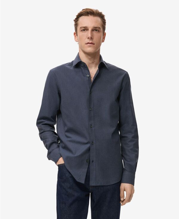 【貨物輸送無料】 マンゴ メンズ プルオーバー トップス Men\u0027s Cotton Regular-Fit Striped Shirt Night Blue