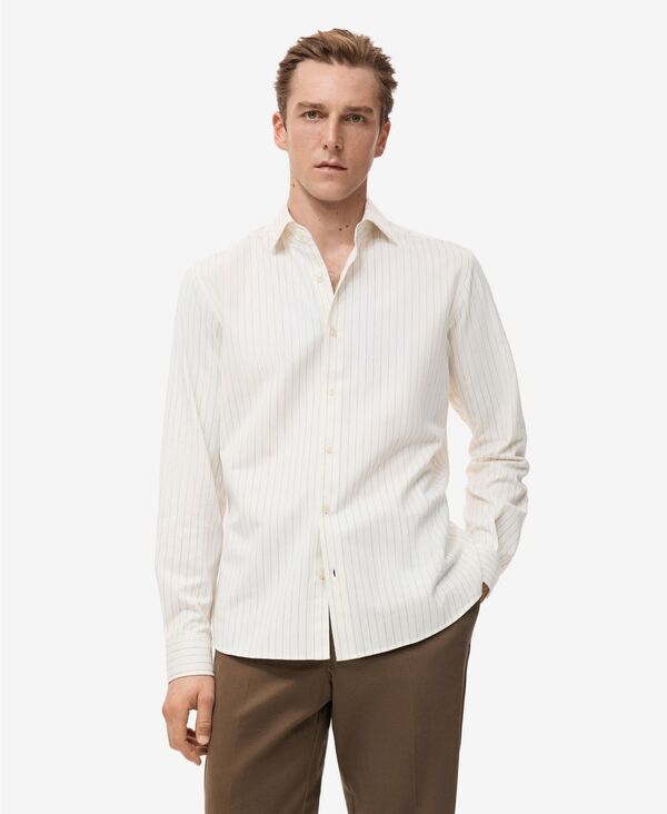 【貨物輸送無料】 マンゴ メンズ プルオーバー トップス Men\u0027s Cotton Regular-Fit Striped Shirt Sand