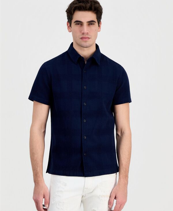 【送料無料】 ゲス メンズ シャツ トップス Men's Cotton Castro Linear Woven Short-Sleeve Shirt Blue 18,115円