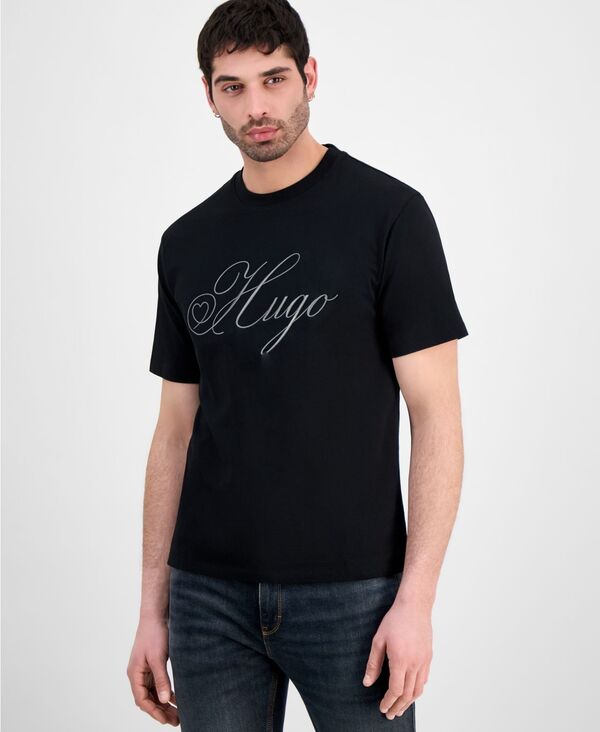 【送料無料】 ヒューゴボス メンズ Tシャツ トップス Hugo by Men's Embroidered T-Shirt Black