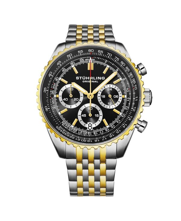 【貨物輸送無料】 ストゥーリング メンズ ウオッチ 付属品 Men s 1010B Quartz Chronograph Watch 42粍 Stainless Steel Case Silver Dial Steel Bracelet Black