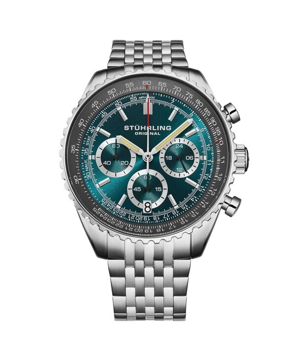 【貨物輸送無料】 ストゥーリング メンズ ウオッチ 付属品 Men s 1010B Quartz Chronograph Watch 42粍 Stainless Steel Case Silver Dial Steel Bracelet Green