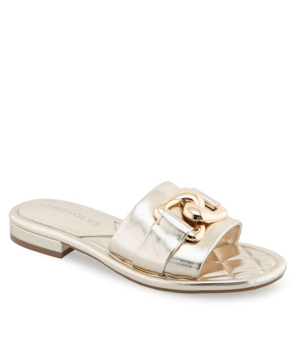 【貨物輸送無料】 エアロソールズ レディース サンダル シューズ Women\u0027s Big Charm Slide Open Toe Sandals Gold Metallic Faux Leather