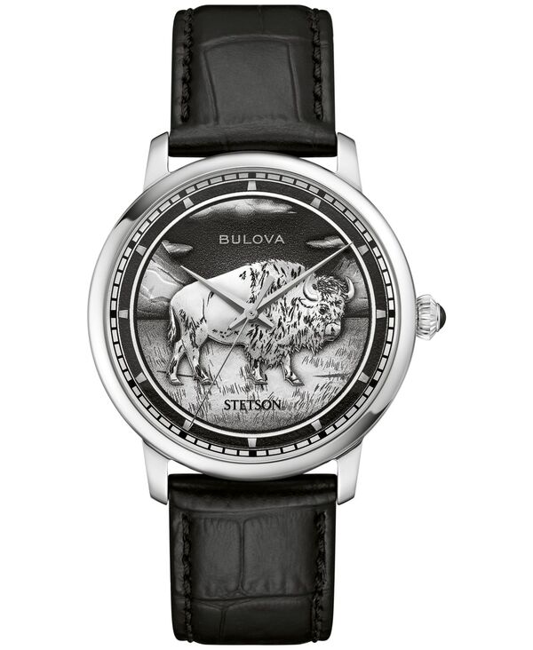 【送料無料】 ブロバ メンズ 腕時計 アクセサリー Men's Husdon Stetson Black Leather Strap Watch 39mm Black｜ReVida 店
