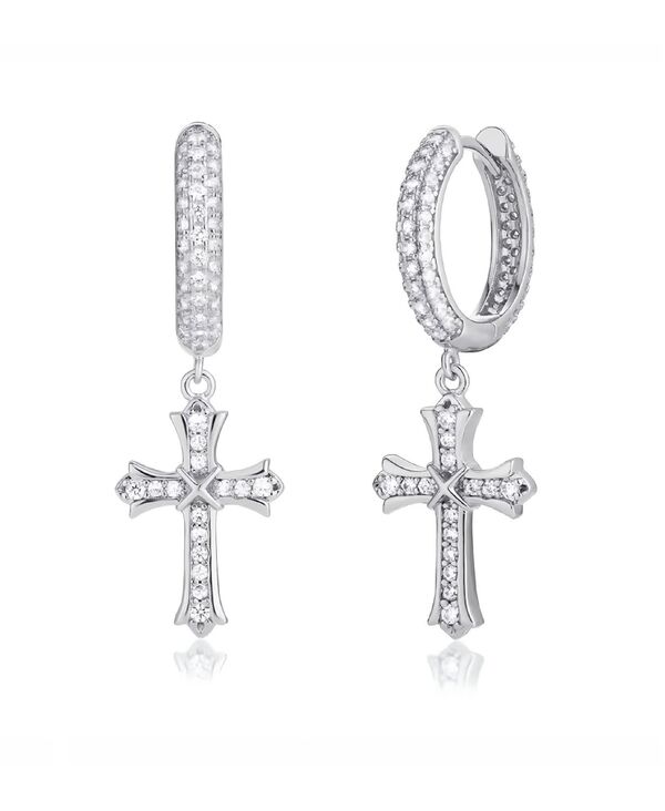【貨物輸送無料】 ローナ サットン  メンズ ピアス・イヤリング 佩び物 Men\u0027s Cubic Zirconia Iced Cross Hoop Earrings インチ Sterling Silver Silver