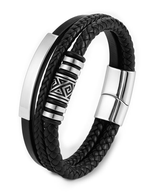 【送料無料】 ローナ サットン メンズ ブレスレット・バングル・アンクレット アクセサリー Men's Aegis Leather & Stainless Steel Bracelet Black and Silver