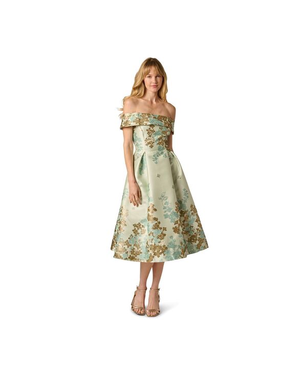 【送料無料】 アドリアナ パペル レディース ワンピース トップス Petite Floral Off-The-Shoulder Tea Dress Sage Gold