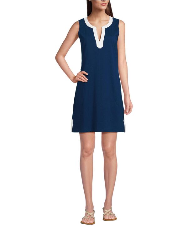 【送料無料】 ランズエンド レディース ワンピース トップス Women's Cotton Jersey Notch Neck Dress Deep sea navy/white