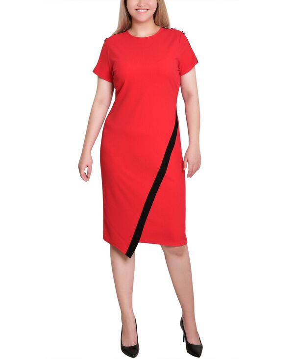 【送料無料】 ニューヨークコレクション レディース ワンピース トップス Petite Short Sleeve Asymmetrical Hem Dress Fire Red Black