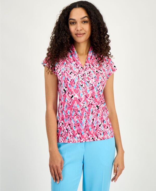 【送料無料】 カスパール レディース シャツ トップス Women's Printed V-Neck Cap-Sleeve Blouse Regular & Petite Lily White Multi