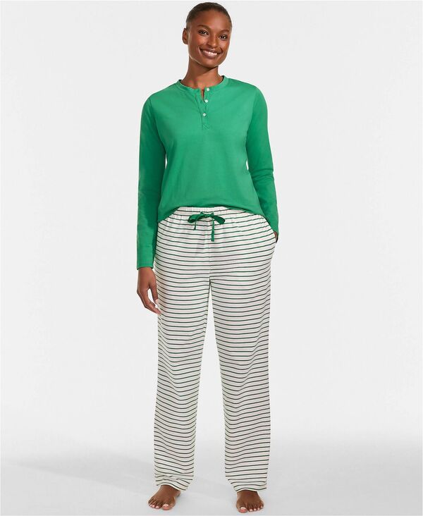 【送料無料】 ランズエンド レディース ナイトウェア アンダーウェア Women's Knit 2 Piece Pajama Set - Long Sleeve Top and Pants Ivory/clover simple stripe