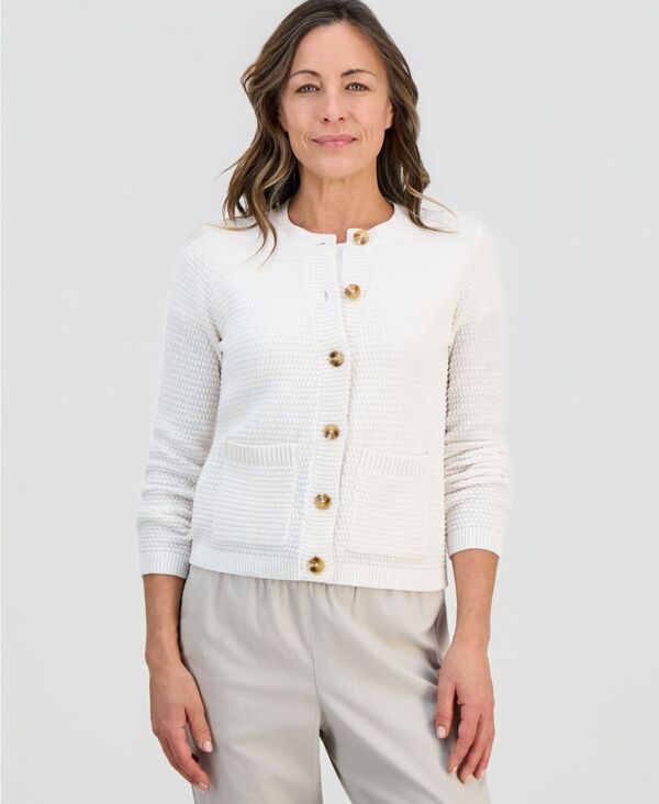 【送料無料】 スタイルアンドコー レディース ニット・セーター アウター Petite Textured Stitch Crewneck Cardigan Shiitake
