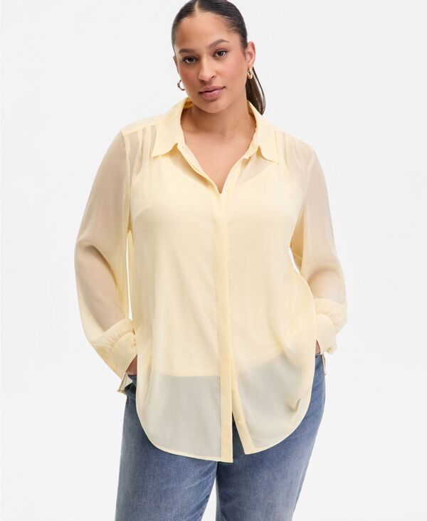 【送料無料】 アイ.エヌ.シー インターナショナル コンセプト レディース シャツ トップス Plus Size Collared Button-Front Shirt Yellow Mist｜ReVida 店