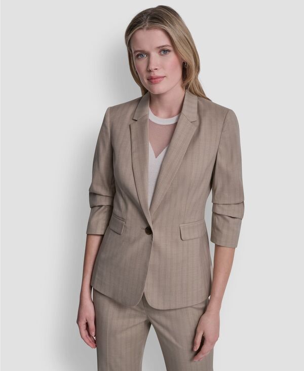 【送料無料】 ダナ キャラン ニューヨーク レディース ジャケット・ブルゾン ブレザー アウター Petite Ruched Sleeve Notch Collar Blazer Beige