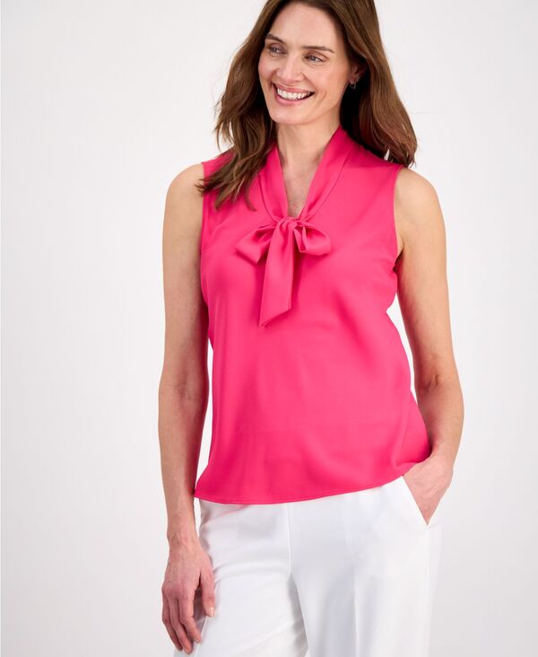 【送料無料】 カスパール レディース シャツ トップス Women's Solid Sleeveless Tie-Neck Blouse Regular & Petite Pink Perfection｜ReVida 店