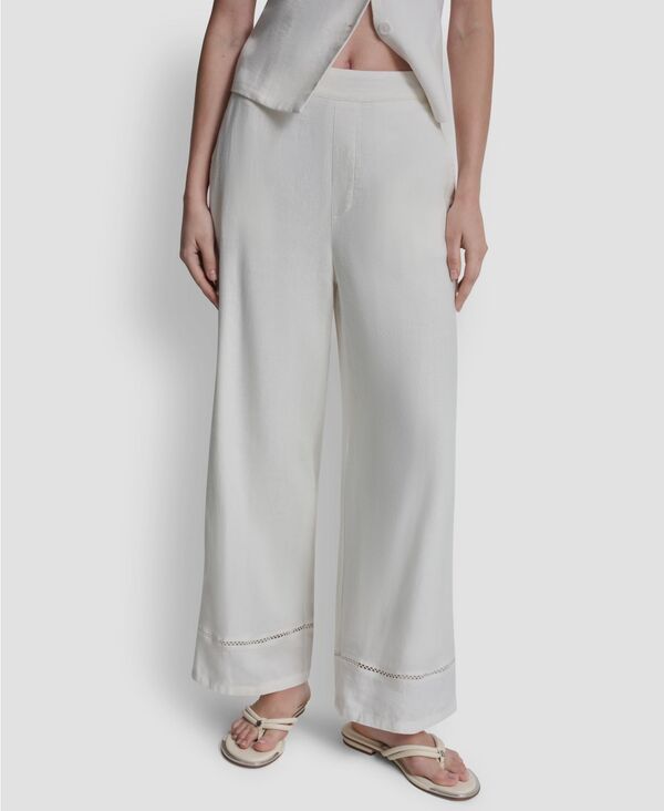 【送料無料】 ダナキャランニューヨーク レディース カジュアルパンツ ボトムス Petite Linen-Blend High Rise Pull-On Wide Leg Pants Ivory