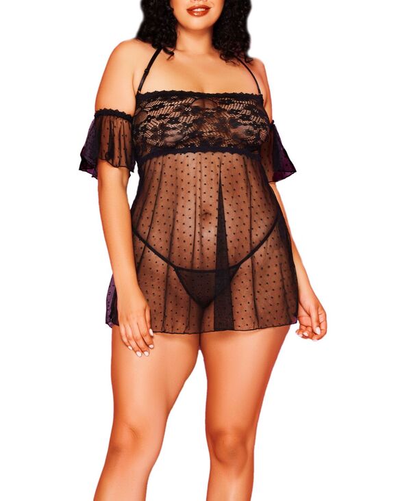 【送料無料】 ホーティ レディース ナイトウェア アンダーウェア Odette Plus Size Dot Mesh and Lace Babydoll with Halter Strap Cold Shoulder Design and Matching G-String Black