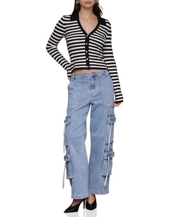 【送料無料】 アヴェックレフィーユ レディース ニット・セーター アウター Women's Stripe Polo Long-Sleeve Cardigan Sweater Black/Cream｜ReVida 店