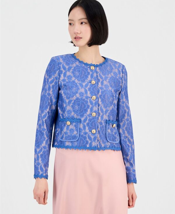 【送料無料】 タハリエーエスエル レディース ジャケット・ブルゾン アウター Women's Collarless Bonded Lace Jacket Blue Petal
