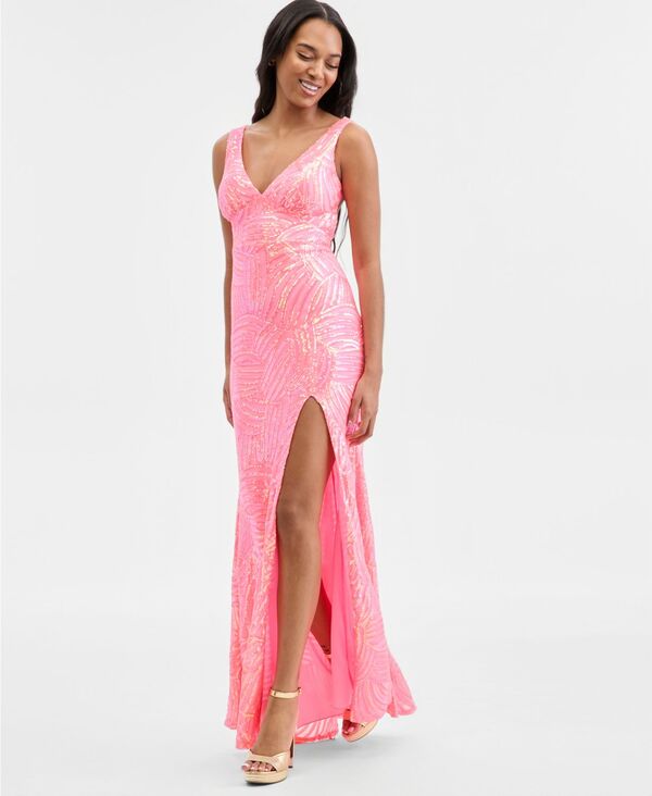 【送料無料】 シティー スタジオ レディース ワンピース トップス Juniors' Sequin Plunge Back Open Back Long with Front Slit and Tail BRGHT PINK|ReVida 店