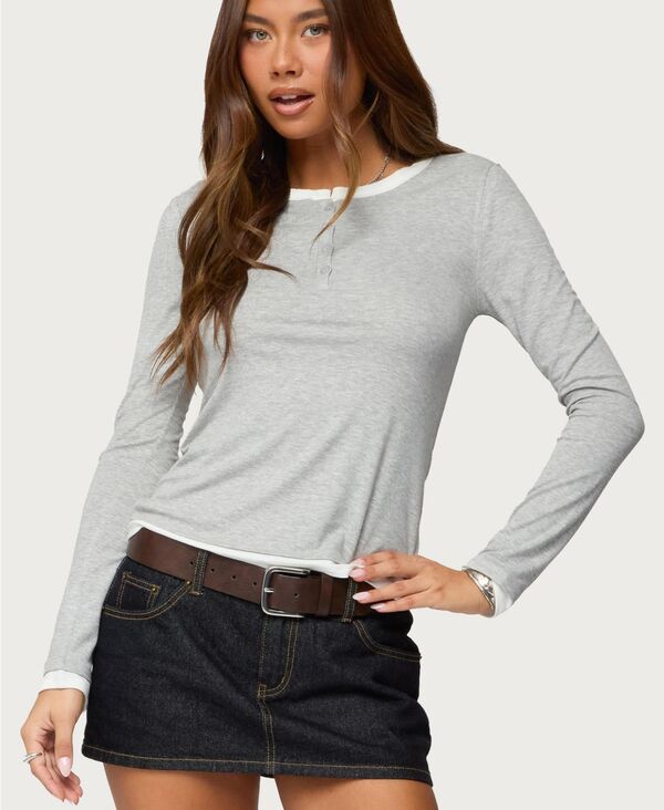 【送料無料】 アディクテッド レディース シャツ トップス Women's Contrast Layered Look Henley Top Gray-melange｜ReVida 店