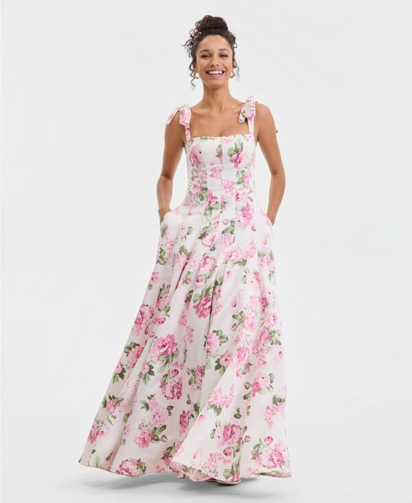 【貨物輸送無料】 ビーダーリン レディース 衣裳 トップス Juniors Floral Print Gown with Tie Straps and Skirt Pockets CREAM/MAUVE ワンピース-レディースファッション