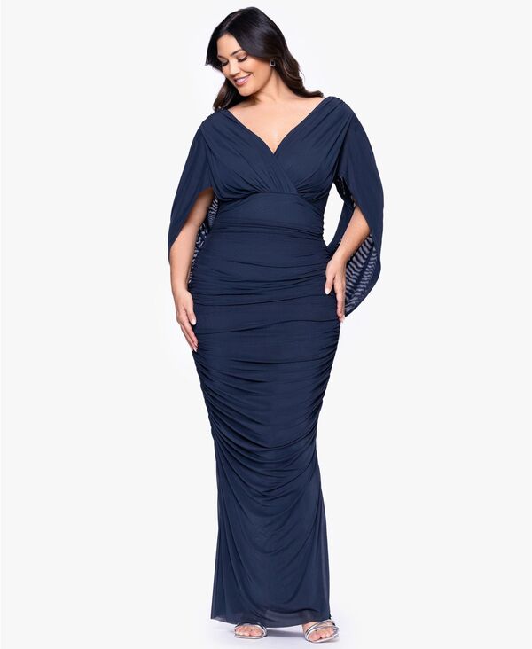 【送料無料】 ベッツィアンドアダム レディース ワンピース トップス Plus Size V-Neck Long Sheath Dress Navy