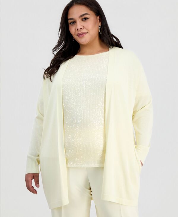 【送料無料】 アンクライン レディース ニット・セーター アウター Plus Size Collarless Open-Front Cardigan Whisper Yellow