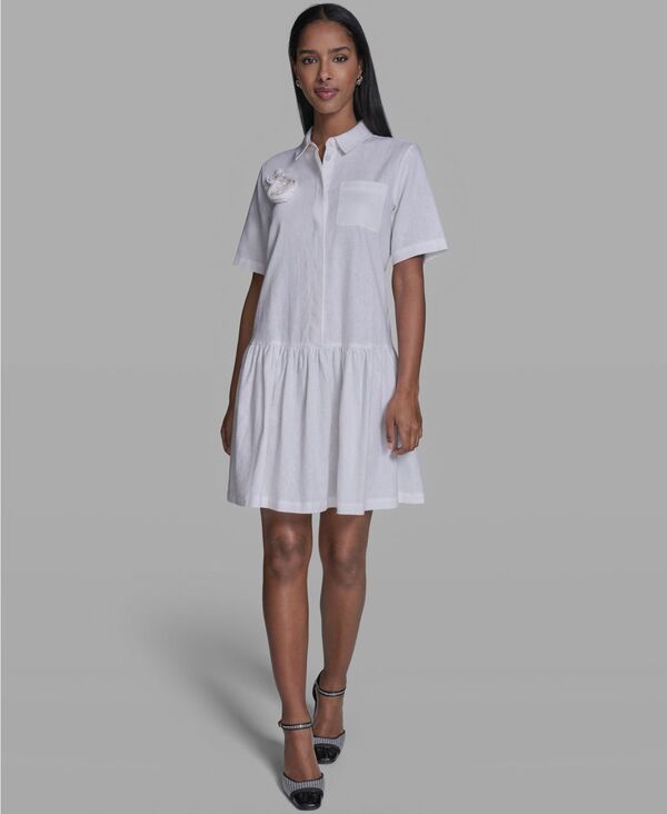 【送料無料】 カール ラガーフェルド レディース シャツ トップス Women's Drop Waist Collared Shirt Dress Soft White