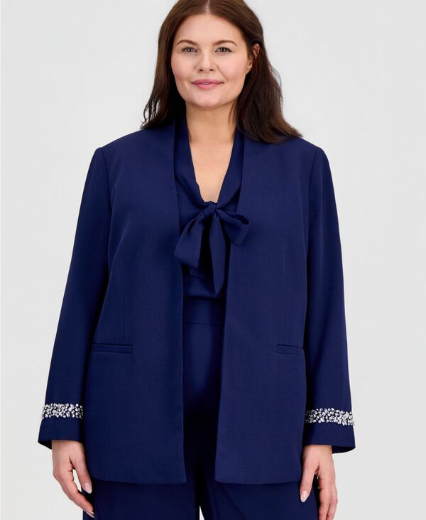 【送料無料】 カスパール レディース ジャケット・ブルゾン アウター Plus Size Collarless Open-Front Jacket Kasper Navy
