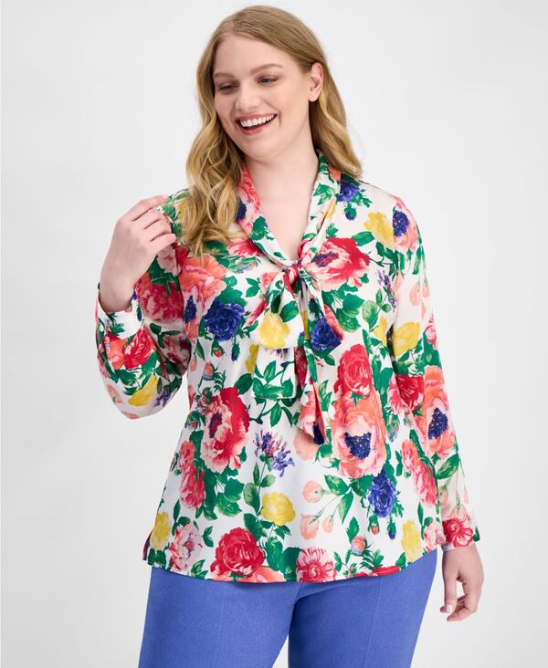 【送料無料】 タハリエーエスエル レディース シャツ トップス Plus Size Floral Print Tie-Neck Blouse Ivory Multi