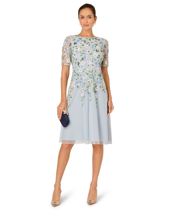 【送料無料】 アドリアナ パペル レディース ワンピース トップス Women's Embellished Mesh Midi Dress Elegant sky multi