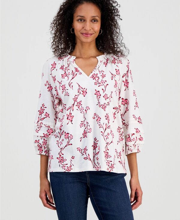 【送料無料】 スタイルアンドコー レディース シャツ トップス Women's Printed Smocked Knit Top Shiitake Combo