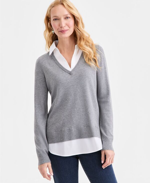 【送料無料】 スタイルアンドコー レディース ニット・セーター アウター Women's Two-Fer V-Neck Sweater Grey