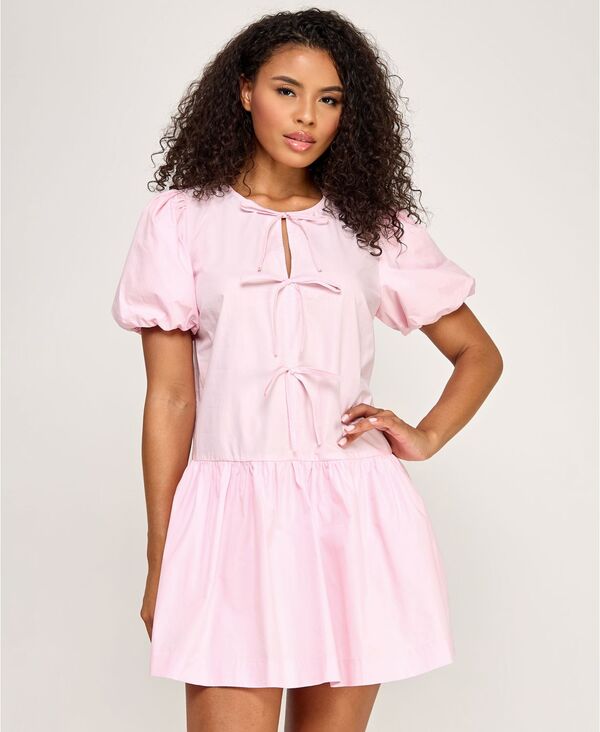 【送料無料】 シティー スタジオ レディース ワンピース トップス Juniors' Drop Waist Bubble Short Sleeve Dress with Bow Detail light pink｜ReVida 店