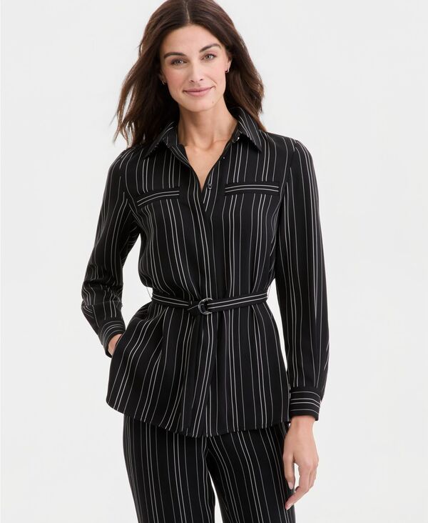 【送料無料】 アンクライン レディース シャツ トップス Women's Striped Button-Front Tie-Waist Shirt Anne Black / White Dove｜ReVida 店