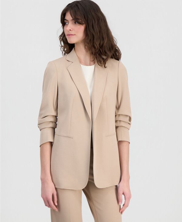 【送料無料】 アンクライン レディース ジャケット・ブルゾン ブレザー アウター Women's Scrunch-Sleeve Open-Front Blazer Latte