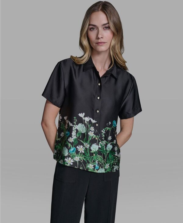 【送料無料】 カール ラガーフェルド レディース シャツ トップス Women's Printed Floral Camp Shirt Black Combo