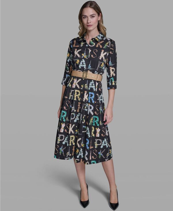 【送料無料】 カール ラガーフェルド レディース シャツ トップス Women's Allover Print Belted Collared Shirt Dress Black/Panna Cotta Multi