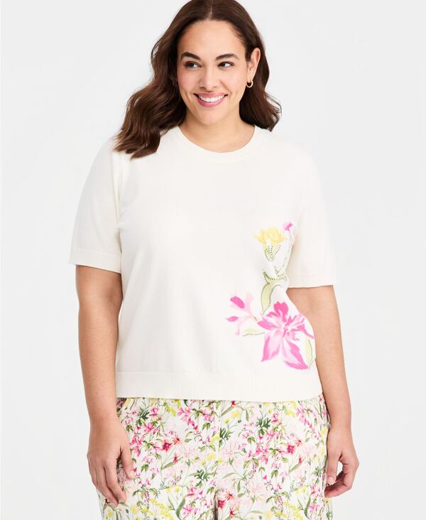 【送料無料】 ヴィンスカムート レディース シャツ トップス Plus Size Printed Crew Neck Blouse Antique White