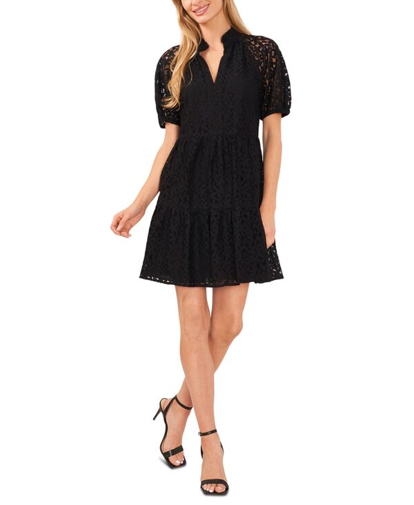 【送料無料】 セセ レディース ワンピース トップス Women's Lace Babydoll Puff Sleeve Tiered Dress Rich Black