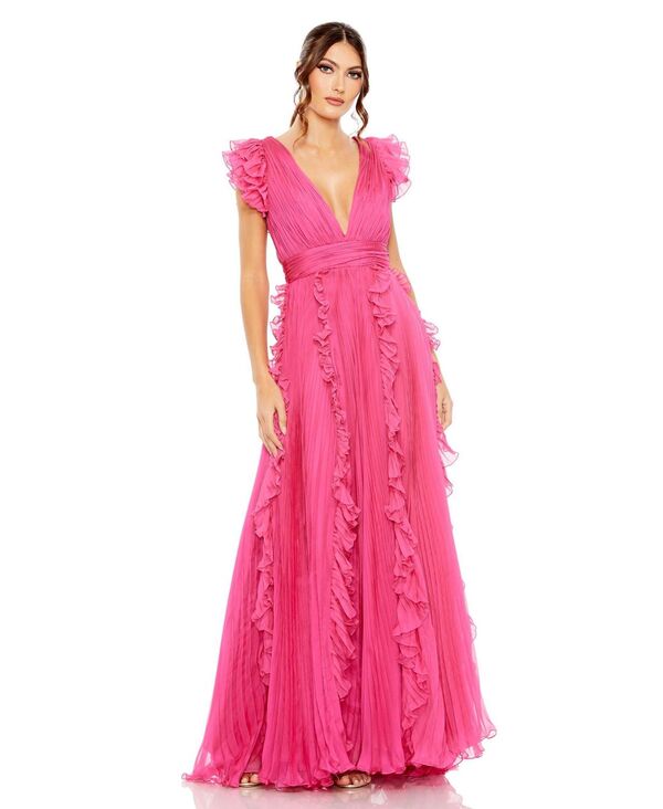 【送料無料】 マックダガル レディース ワンピース トップス Women's Pleated Ruffle Cap Sleeve Flowy A Line Gown Fuchsia|ReVida 店