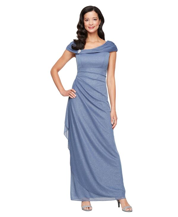 【送料無料】 アレックスイブニングス レディース ワンピース トップス Women's Glittered Ruched Gown Dusty Blue
