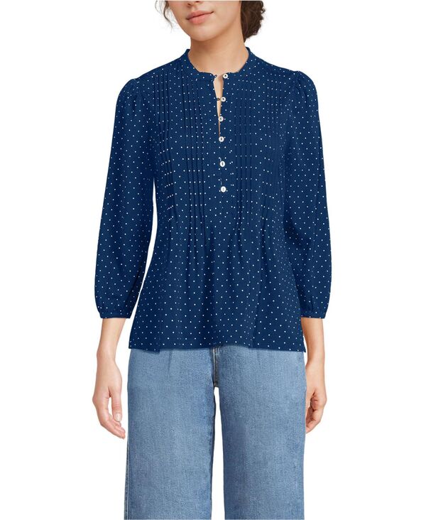 【送料無料】 ランズエンド レディース シャツ トップス Women's Lightweight Jersey Button Pintuck Top Deep sea navy pin dot