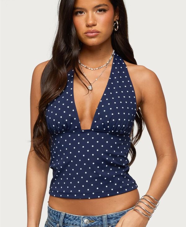 【送料無料】 アディクテッド レディース シャツ トップス Women's Blaire Polka Dot Halter Top Navy-and-white|ReVida 店
