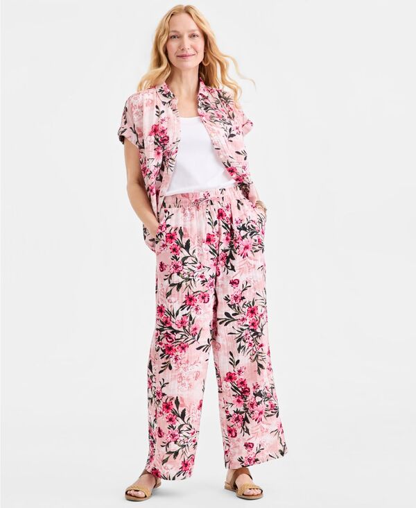 【送料無料】 スタイルアンドコー レディース カジュアルパンツ ボトムス Women's Printed Cotton Gauze Straight-Leg Pull-On Pants Pink Floral