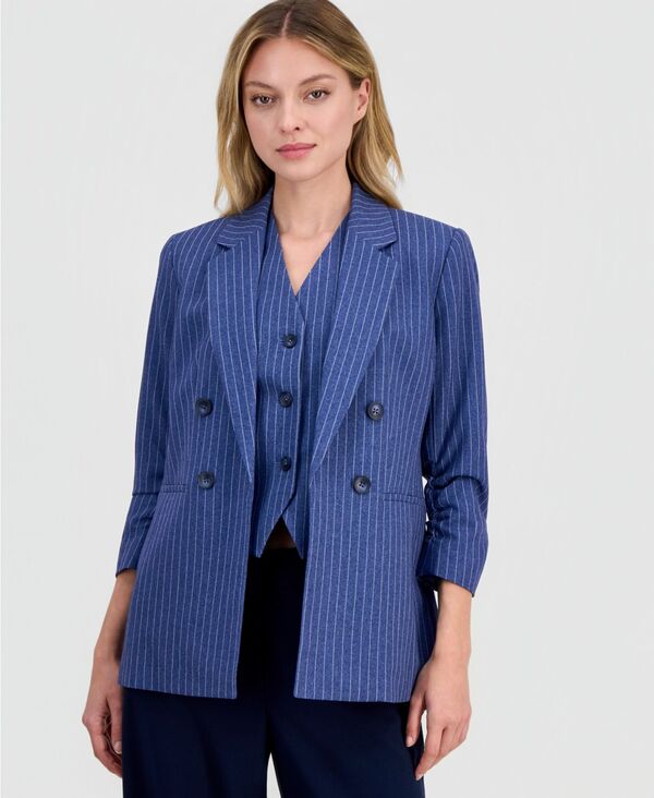 【送料無料】 バースリー レディース ジャケット・ブルゾン アウター Women's Pinstripe Notched-Collar Jacket Bar Navy Multi