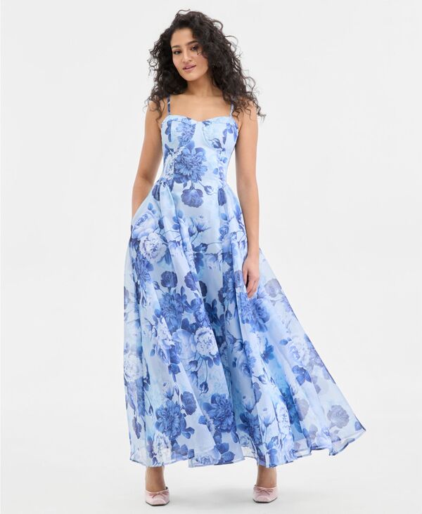 【送料無料】 エメラルドサンデー レディース ワンピース トップス Juniors' Shimmer Organza Floral-Print A-Line Gown BLUE MULTI