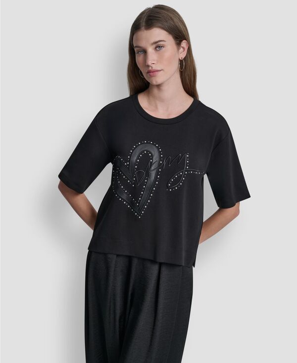 【送料無料】 ダナ キャラン ニューヨーク レディース シャツ トップス Women's Short-Sleeve Heart Script Logo Crew Neck Shirt Black