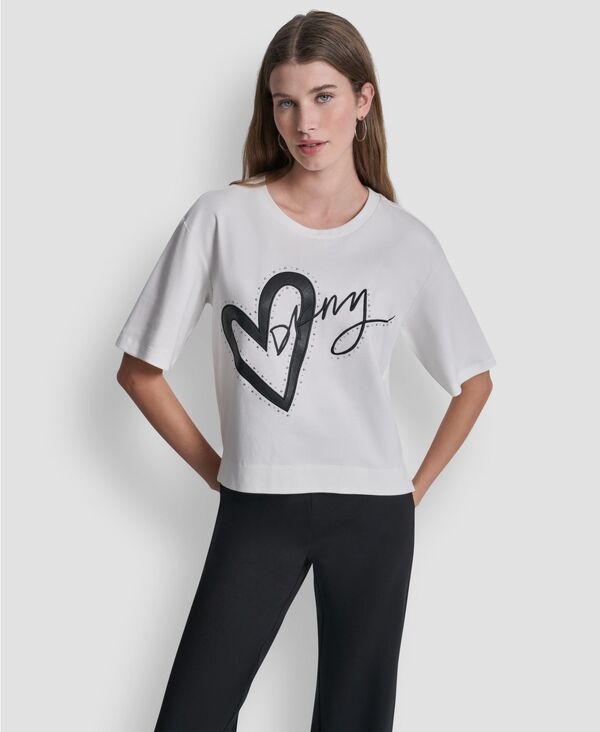 【送料無料】 ダナ キャラン ニューヨーク レディース シャツ トップス Women's Short-Sleeve Heart Script Logo Crew Neck Shirt White